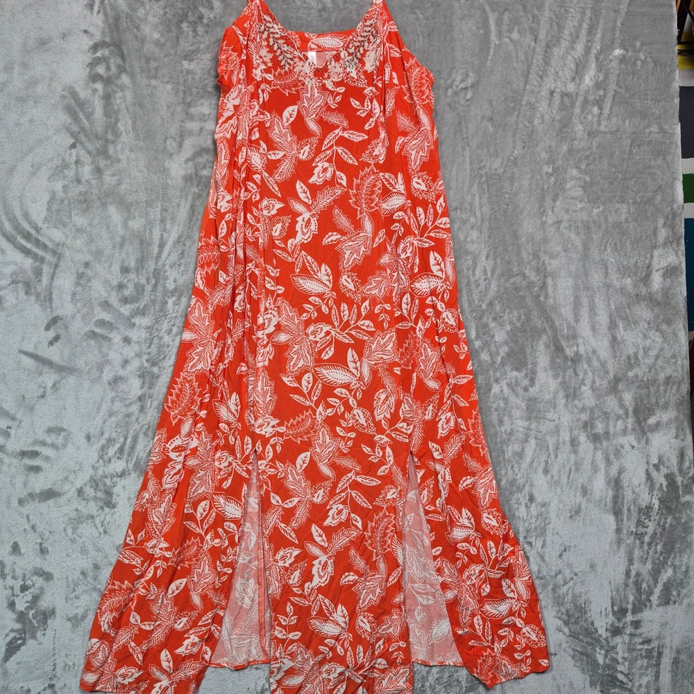 Xhilaration Orange Floral Beaded V-Neck Maxi Dress Double Slit Womens 1X